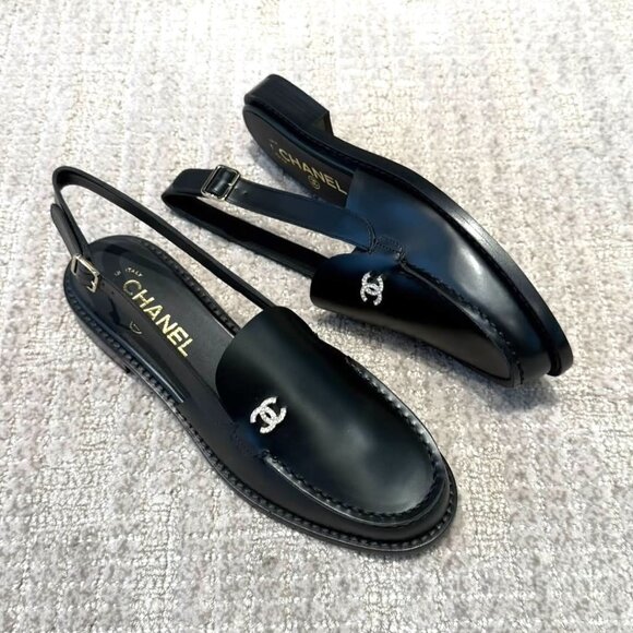 CHANEL Shoes - CHANEL 25P 2025 Crystal CC Logo Leather Slingback Flat Loafers Shoes Sandals